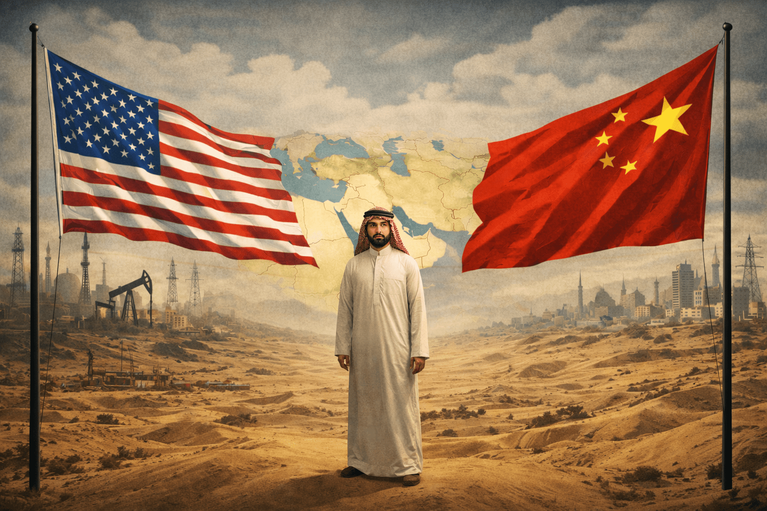 Illustration of U.S.–China rivalry: American and Chinese flags on opposite sides, an Arab man centered in a desert landscape, with a translucent Middle East map and oil rigs and city skyline behind.