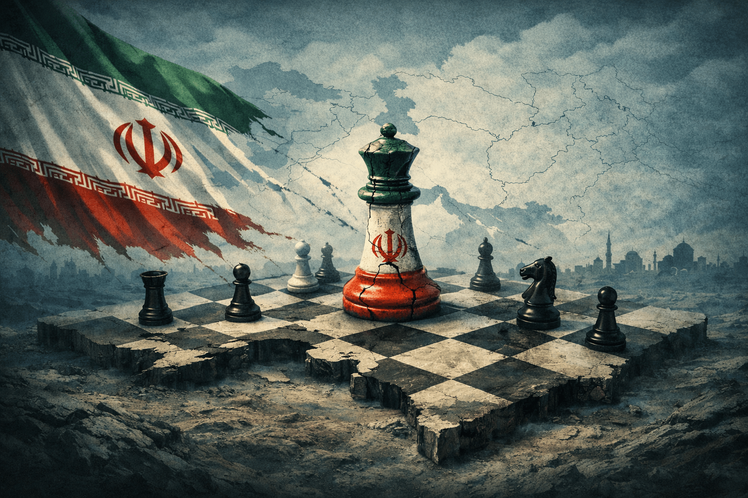 غلاف تحليلي يُظهر علم إيران ممزقًا بجانب رقعة شطرنج على شكل الشرق الأوسط وقطعة ملك متشققة، في إشارة لتراجع النفوذ الإيراني. Editorial cover showing a torn Iranian flag beside a Middle East–shaped chessboard with a cracked king piece, symbolizing Iran’s waning regional influence.