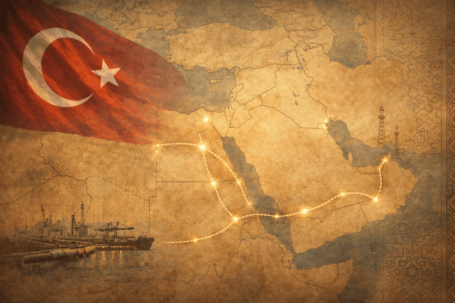 Cinematic desert-industrial scene with a pipeline, power pylons, and a distant skyline, framed by the Turkish flag on the left and an abstract Arab banner on the right. رايتان—علم تركيا وراية عربية مُجرّدة—تتواجهان فوق مشهد صحراوي صناعي يضم خط أنابيب وبنى موانئ بعيدة وأبراج كهرباء وأفق مدينة ضبابي، في دلالة على الشراكة والتنافس الإقليمي.